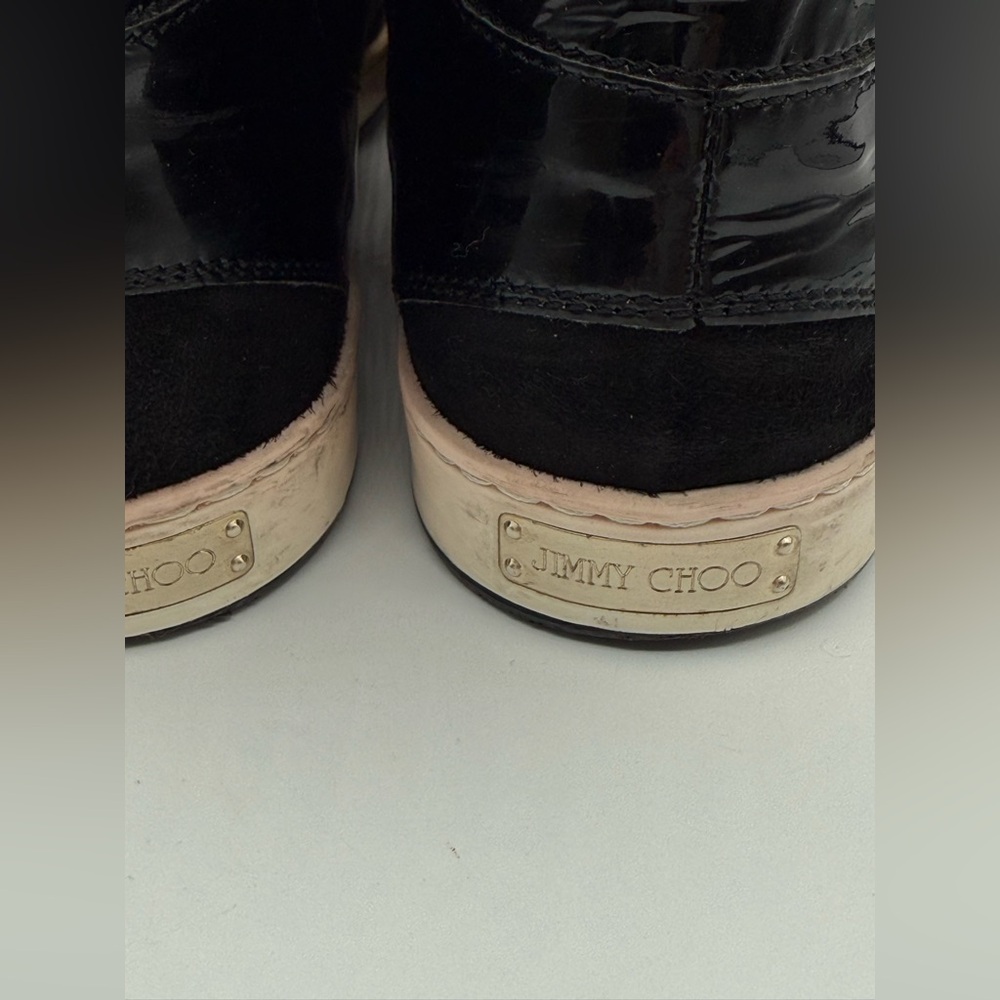 Jimmy Choo Black Suede & Patent Leather High-Top Sneakers Gold Eyelets Size 35.5 - Picture 4 of 16
